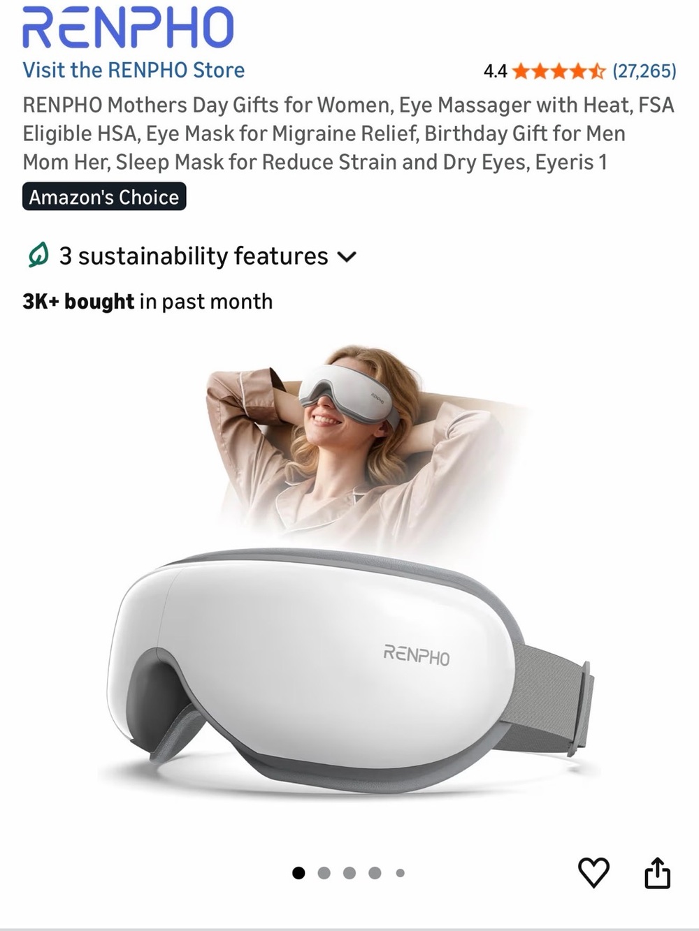 RENPHO White & Gray Eye Massager with Heat - Soothing Eye Mask